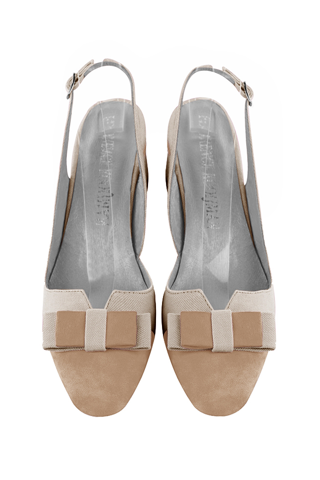 Tan beige and gold women's open back shoes, with a knot. Round toe. Low flare heels. Top view - Florence KOOIJMAN